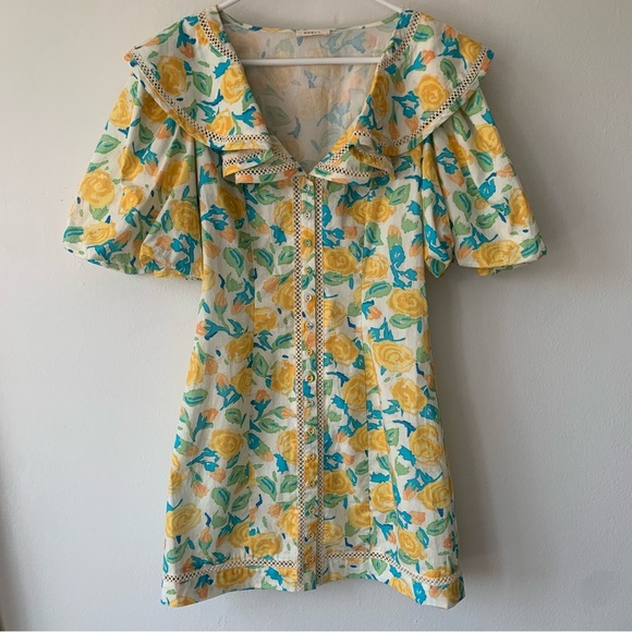 Spell Islamorada Cocktail Meadow Cotton Ruffle Collar V Neck Mini Floral Dress - Picture 3 of 10